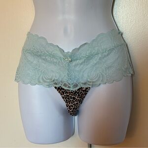 PINK Victoria's Secret Sage Green Lace Hipster with Leopard Print Thong Panel